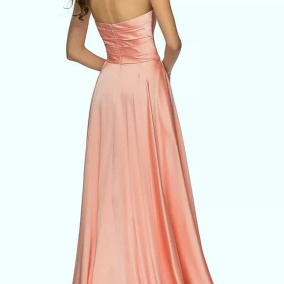 La Femme Peach Strapless Slit Satin Ballgown - Picture 3 of 4